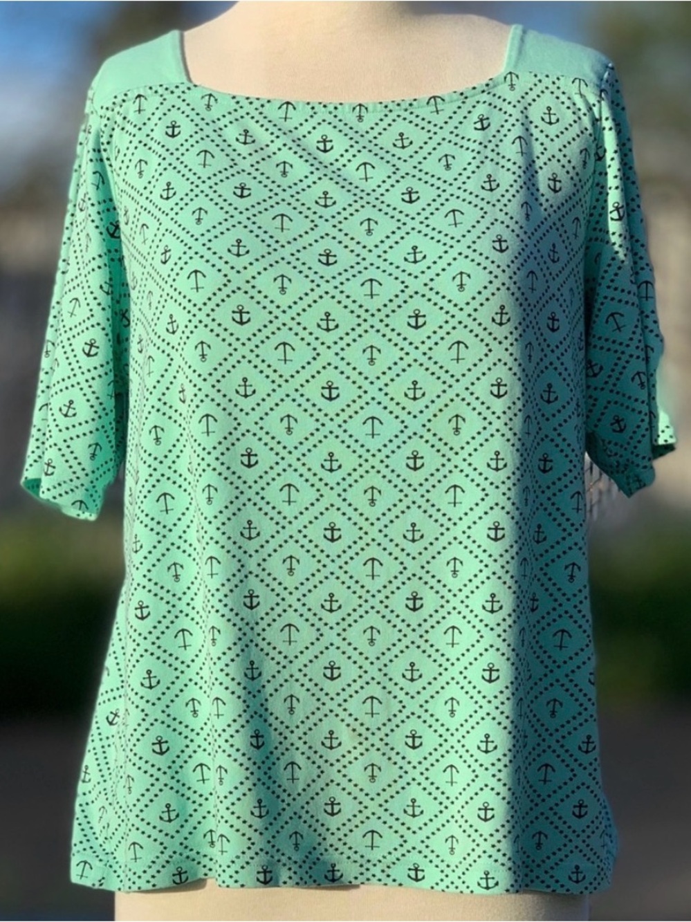 Croft & Barrow Light Teal Green & Navy Blue Nautical Anchor Cotton Knit Top, XL